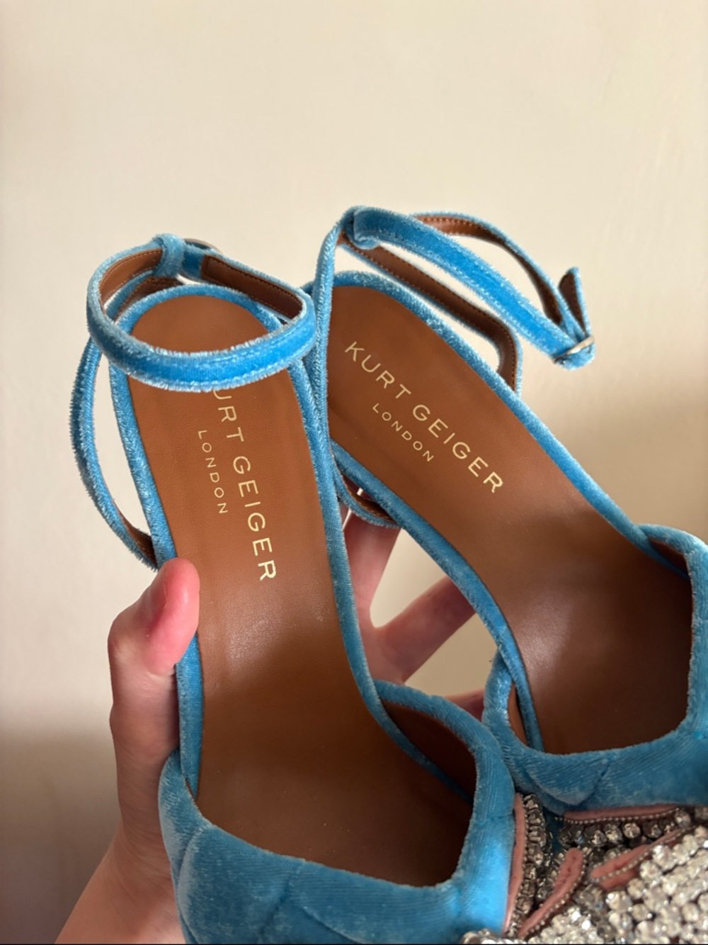 Kurt Geiger Blue Velvet High Heels with Ankle Straps & Embellished Bow and Bird - Picture 3 of 4